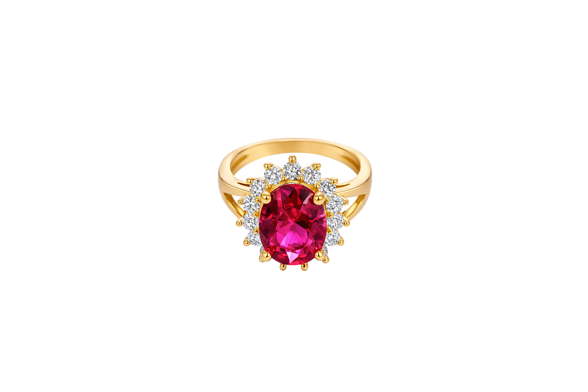 14KT Gold Ring Women's Jumbo Oval Red Center CZ Stone with Round White CZ Stones Border and Plain Split Band