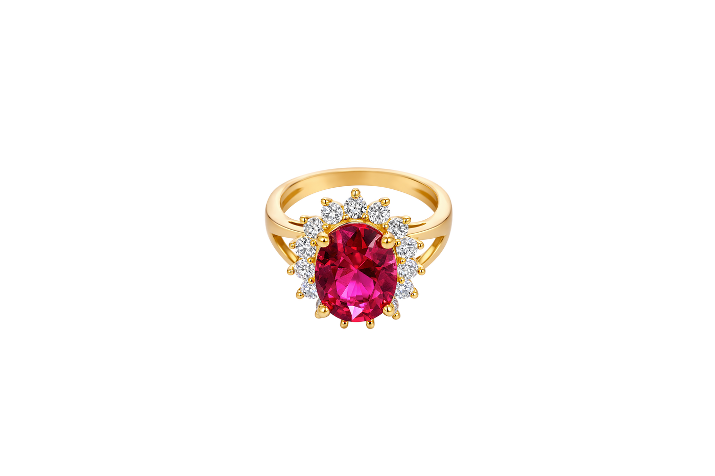 14KT Gold Ring Women's Jumbo Oval Red Center CZ Stone with Round White CZ Stones Border and Plain Split Band