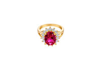 14KT Gold Ring Women's Jumbo Oval Red Center CZ Stone with Round White CZ Stones Border and Plain Split Band