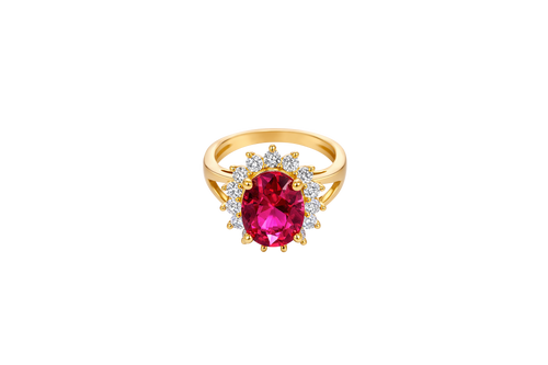 14KT Gold Ring Women's Jumbo Oval Red Center CZ Stone with Round White CZ Stones Border and Plain Split Band