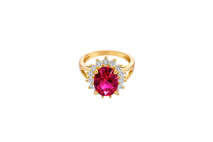 14KT Gold Ring Women's Jumbo Oval Red Center CZ Stone with Round White CZ Stones Border and Plain Split Band