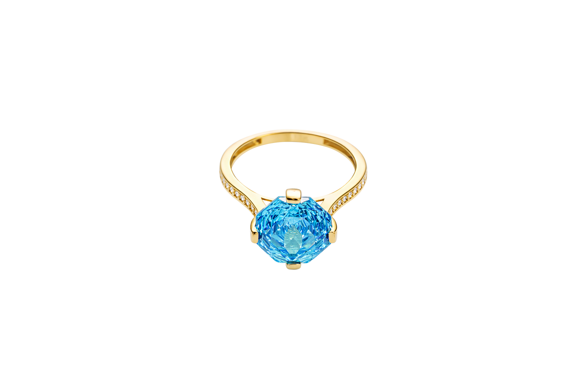 14KT Gold Ring Women's Jumbo Octagon Rose 4 Prong Turquoise CZ Center Stone with Round White Pave CZ Stone Band