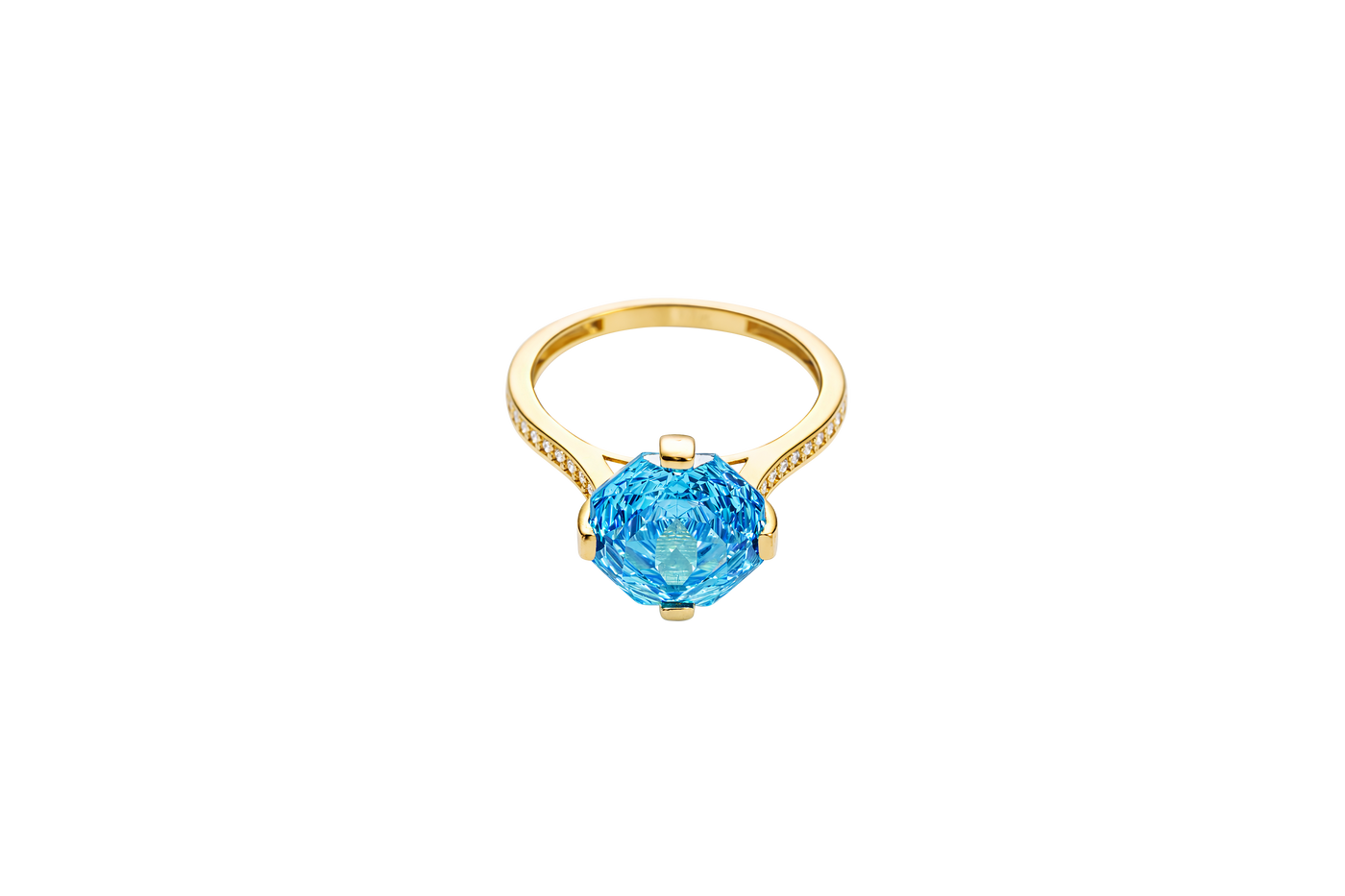 14KT Gold Ring Women's Jumbo Octagon Rose 4 Prong Turquoise CZ Center Stone with Round White Pave CZ Stone Band