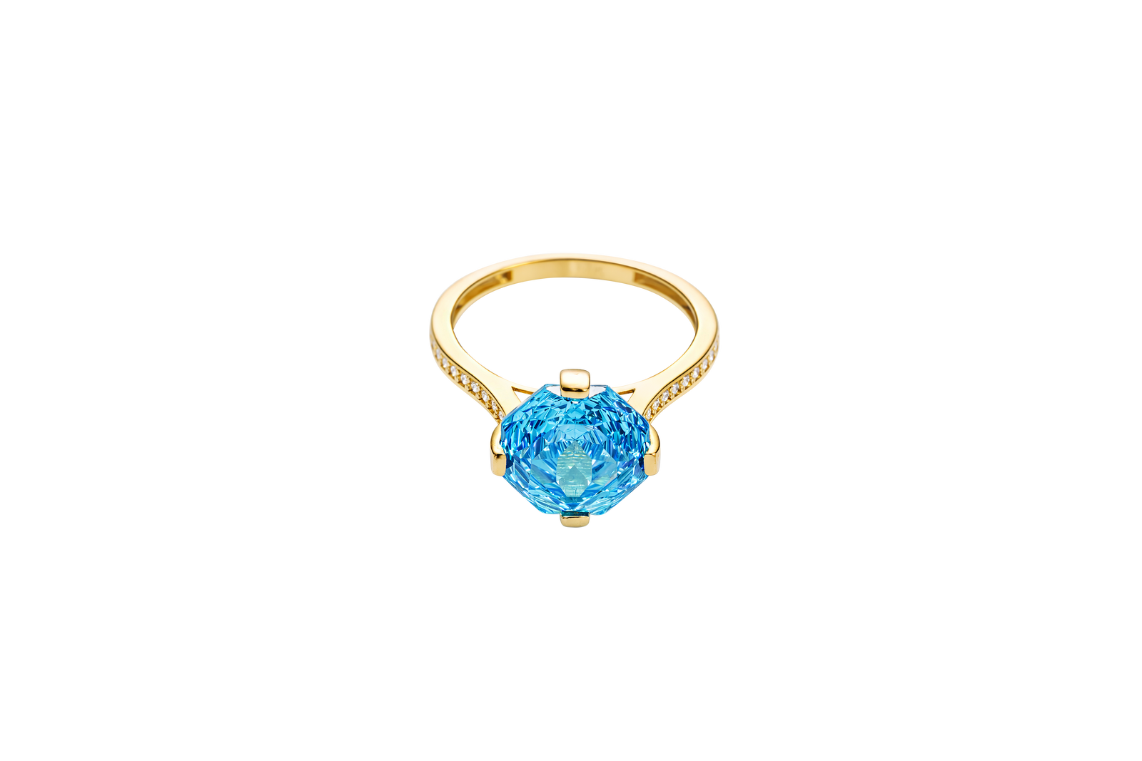 14KT Gold Ring Women's Jumbo Octagon Rose 4 Prong Turquoise CZ Center Stone with Round White Pave CZ Stone Band