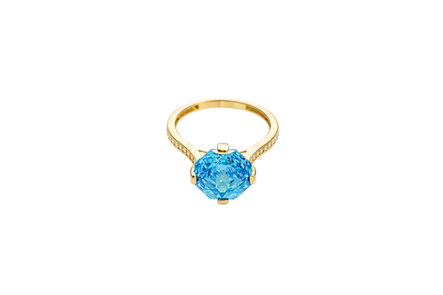 14KT Gold Ring Women's Jumbo Octagon Rose 4 Prong Turquoise CZ Center Stone with Round White Pave CZ Stone Band
