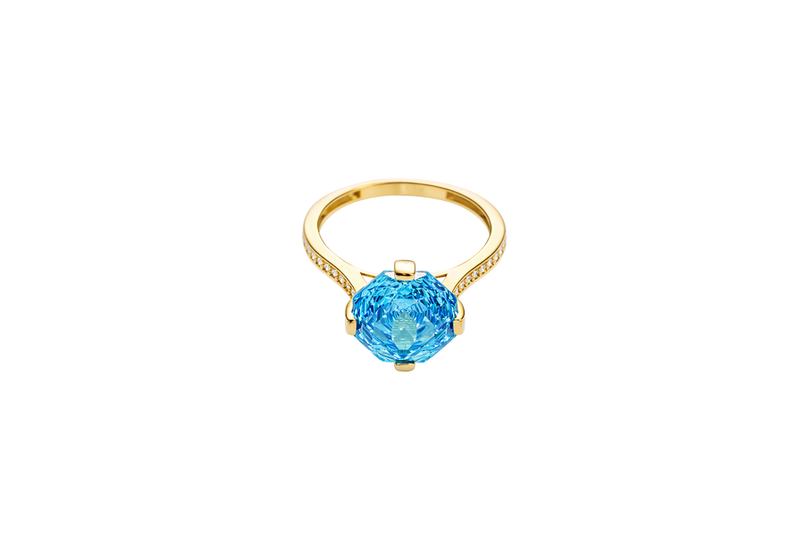 14KT Gold Ring Women's Jumbo Octagon Rose 4 Prong Turquoise CZ Center Stone with Round White Pave CZ Stone Band
