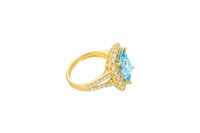 14KT Gold Ring Women's Jumbo Rectangle Turquoise Center CZ Stone with Round White CZ Stones Border and Split White CZ Stones Band