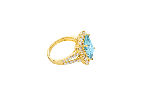 14KT Gold Ring Women's Jumbo Rectangle Turquoise Center CZ Stone with Round White CZ Stones Border and Split White CZ Stones Band