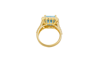 14KT Gold Ring Women's Jumbo Rectangle Turquoise Center CZ Stone with Round White CZ Stones Border and Split White CZ Stones Band