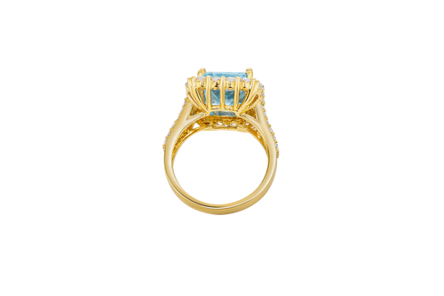 14KT Gold Ring Women's Jumbo Rectangle Turquoise Center CZ Stone with Round White CZ Stones Border and Split White CZ Stones Band