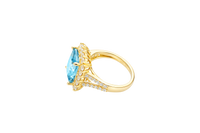 14KT Gold Ring Women's Jumbo Rectangle Turquoise Center CZ Stone with Round White CZ Stones Border and Split White CZ Stones Band