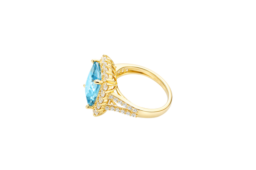 14KT Gold Ring Women's Jumbo Rectangle Turquoise Center CZ Stone with Round White CZ Stones Border and Split White CZ Stones Band