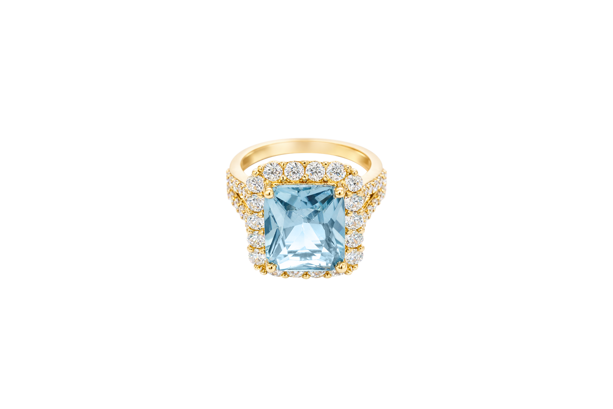14KT Gold Ring Women's Jumbo Rectangle Turquoise Center CZ Stone with Round White CZ Stones Border and Split White CZ Stones Band