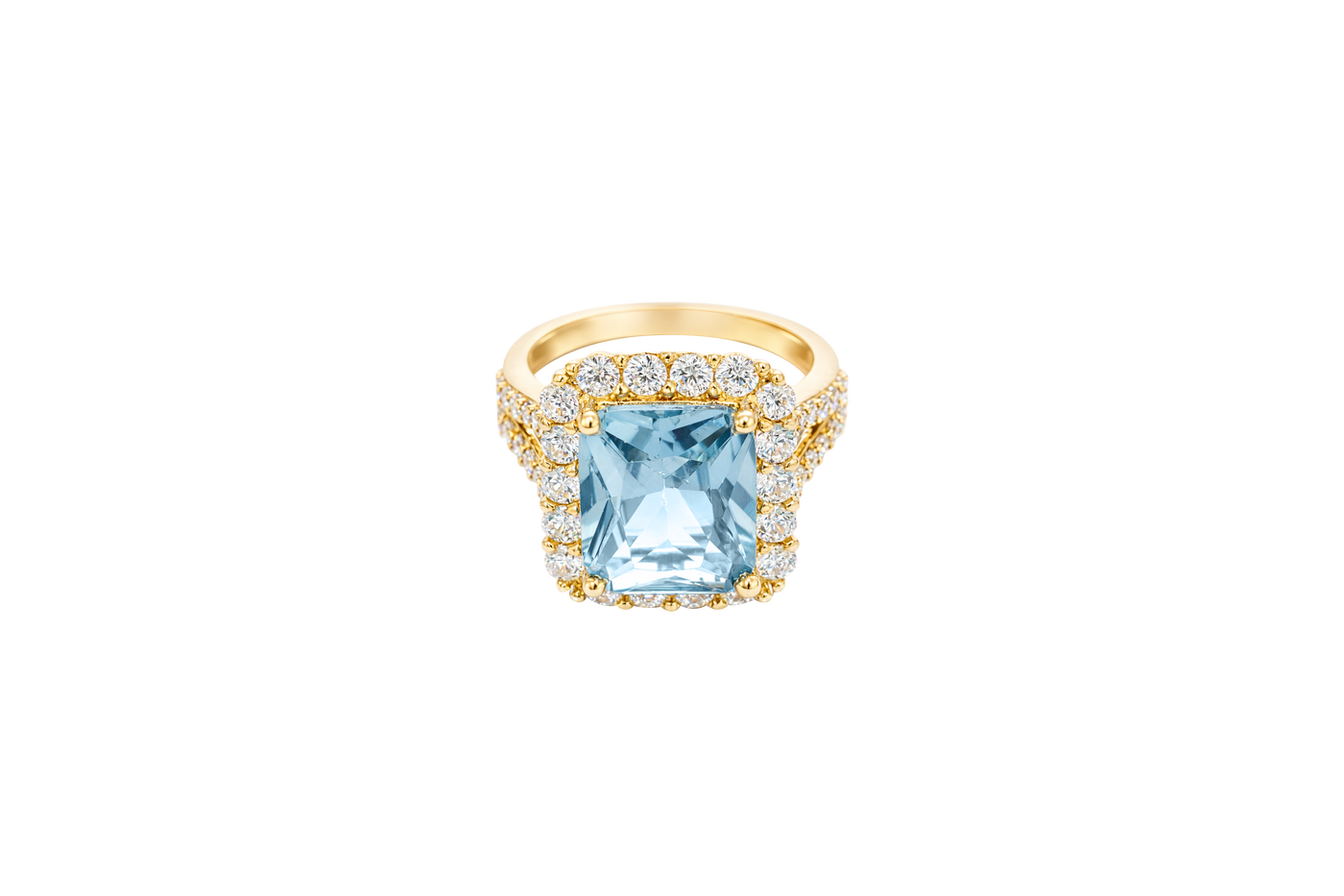 14KT Gold Ring Women's Jumbo Rectangle Turquoise Center CZ Stone with Round White CZ Stones Border and Split White CZ Stones Band