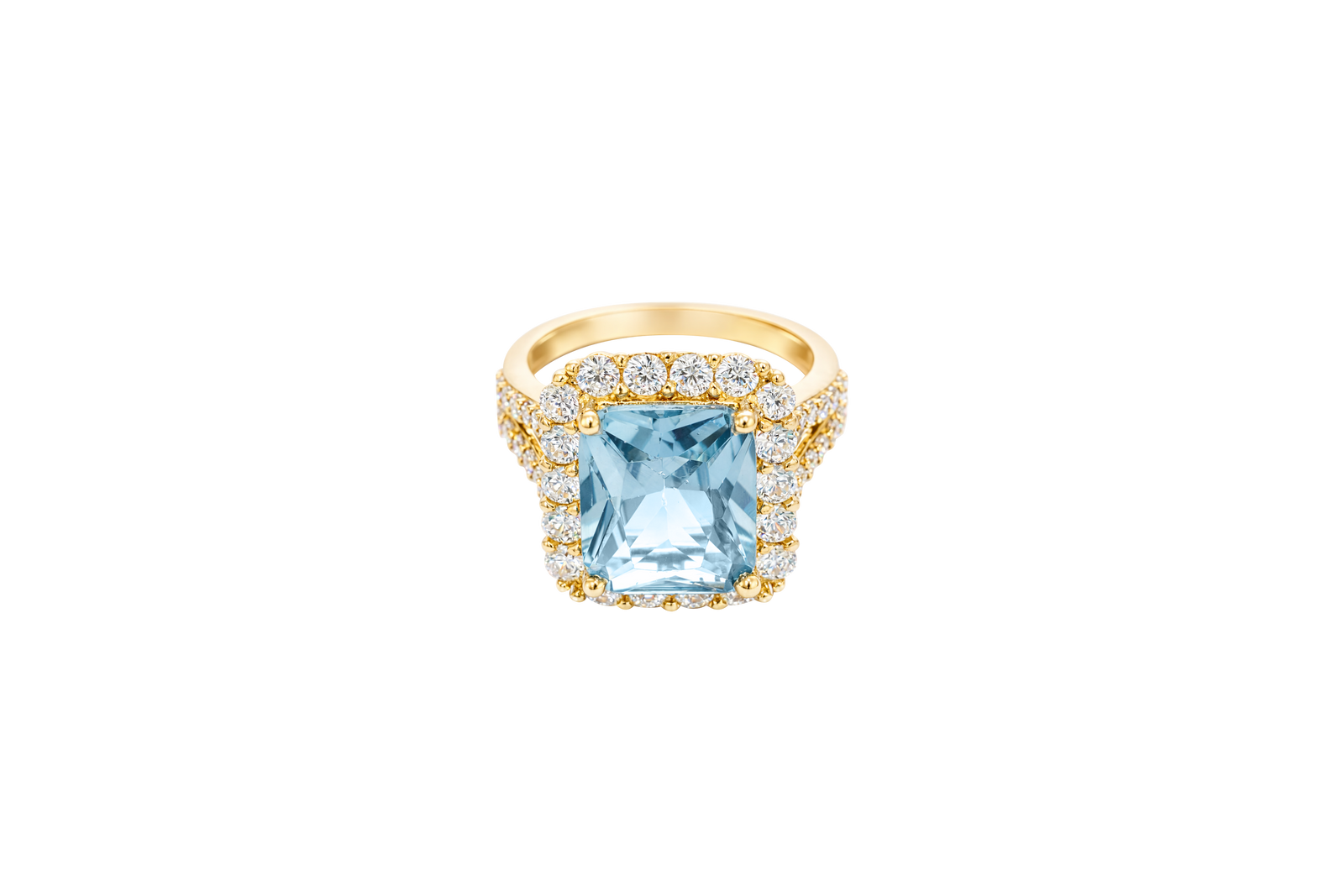 14KT Gold Ring Women's Jumbo Rectangle Turquoise Center CZ Stone with Round White CZ Stones Border and Split White CZ Stones Band