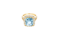 14KT Gold Ring Women's Jumbo Rectangle Turquoise Center CZ Stone with Round White CZ Stones Border and Split White CZ Stones Band