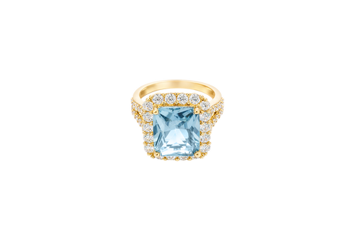 14KT Gold Ring Women's Jumbo Rectangle Turquoise Center CZ Stone with Round White CZ Stones Border and Split White CZ Stones Band