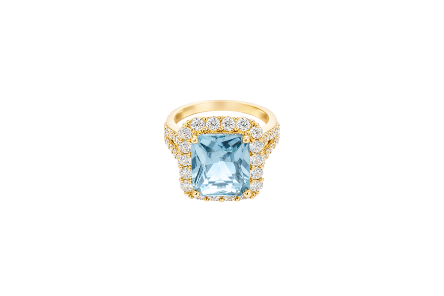 14KT Gold Ring Women's Jumbo Rectangle Turquoise Center CZ Stone with Round White CZ Stones Border and Split White CZ Stones Band