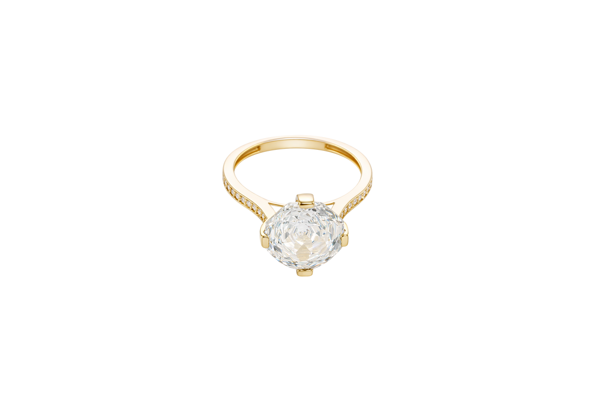 14KT Gold Women's Ring Octagon Rose Jumbo 4 Prong White CZ Center Stone with Round White Pave CZ Stone Band
