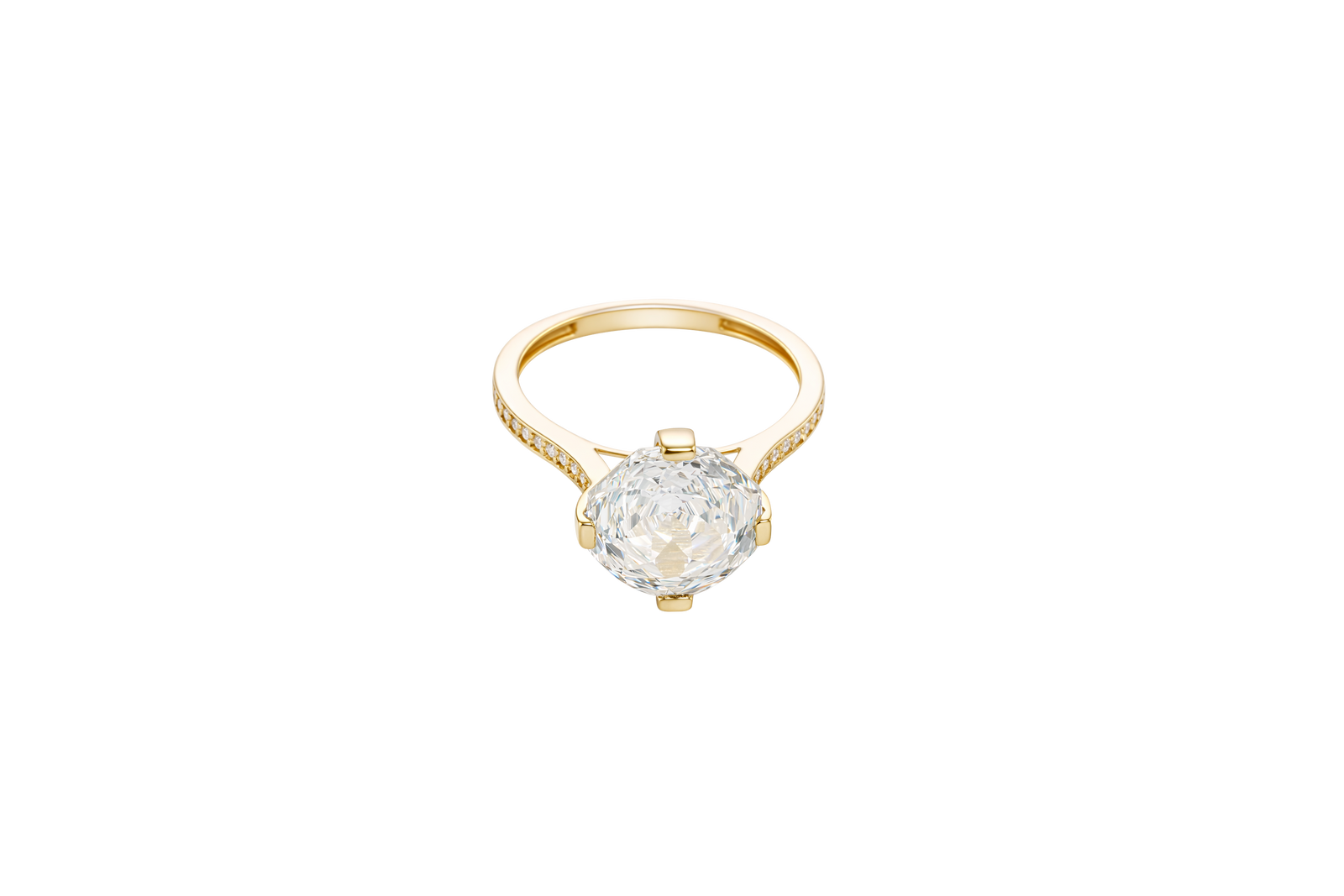 14KT Gold Women's Ring Octagon Rose Jumbo 4 Prong White CZ Center Stone with Round White Pave CZ Stone Band