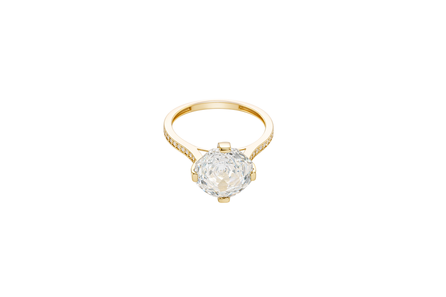 14KT Gold Women's Ring Octagon Rose Jumbo 4 Prong White CZ Center Stone with Round White Pave CZ Stone Band