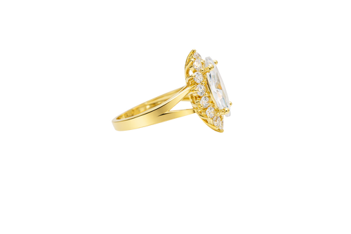 14KT Gold Ring Women's Jumbo White Marquise Center CZ with Round White CZ Stones Border and Plain Split Band