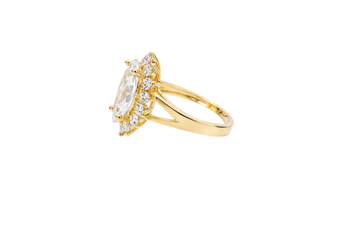 14KT Gold Ring Women's Jumbo White Marquise Center CZ with Round White CZ Stones Border and Plain Split Band