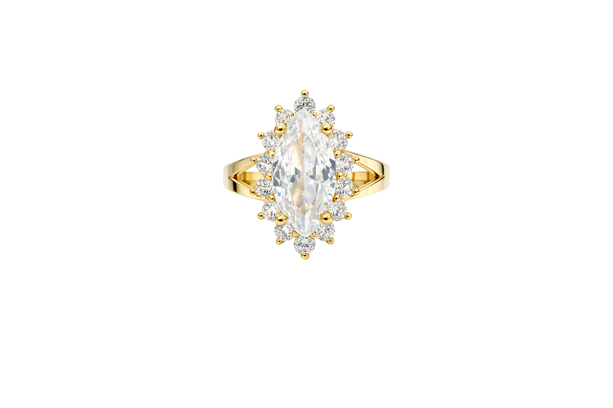 14KT Gold Ring Women's Jumbo White Marquise Center CZ with Round White CZ Stones Border and Plain Split Band
