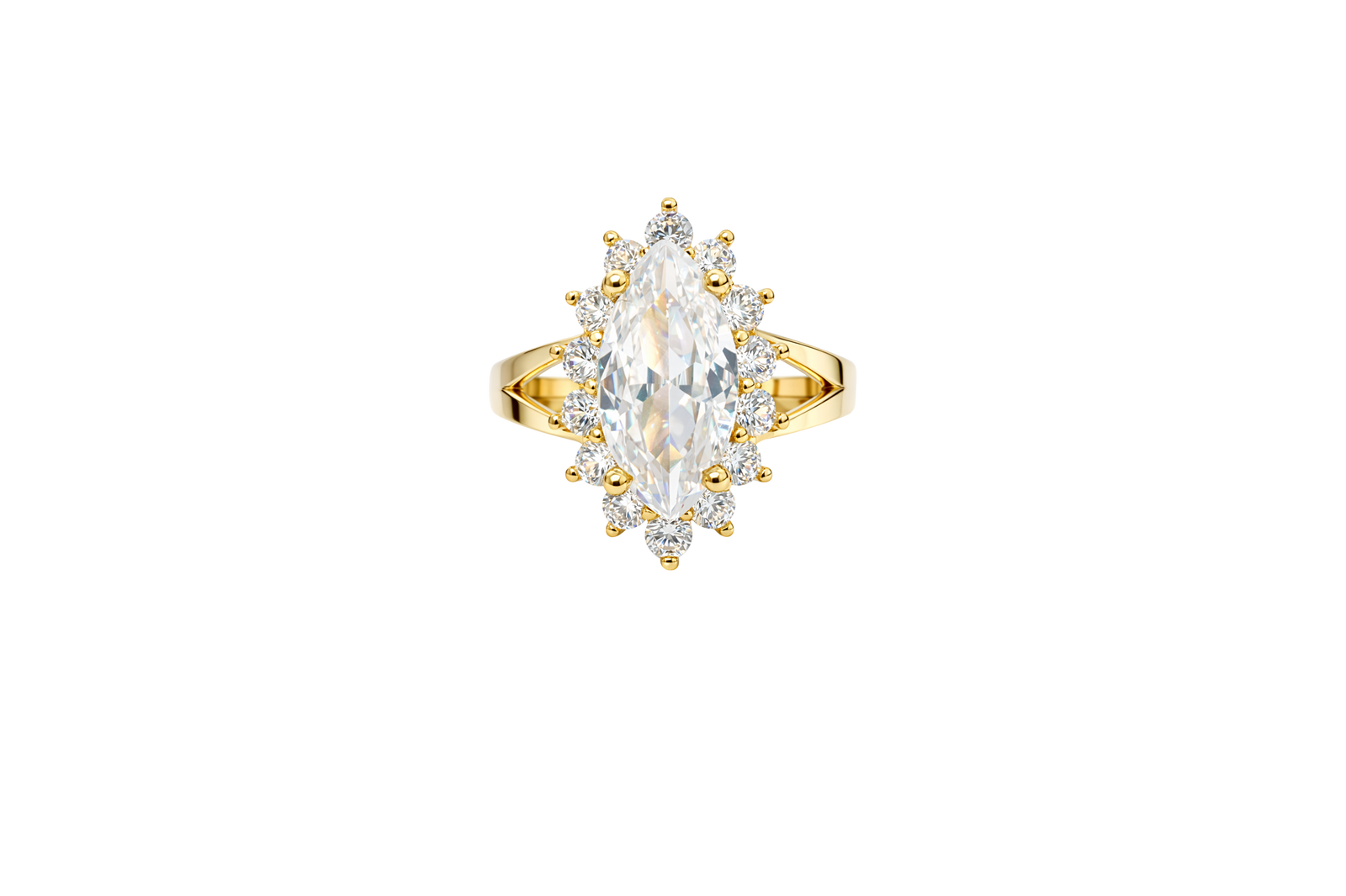 14KT Gold Ring Women's Jumbo White Marquise Center CZ with Round White CZ Stones Border and Plain Split Band