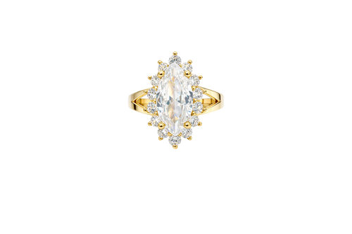 14KT Gold Ring Women's Jumbo White Marquise Center CZ with Round White CZ Stones Border and Plain Split Band