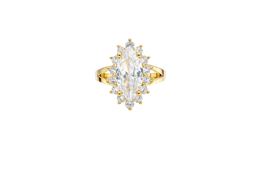 14KT Gold Ring Women's Jumbo White Marquise Center CZ with Round White CZ Stones Border and Plain Split Band