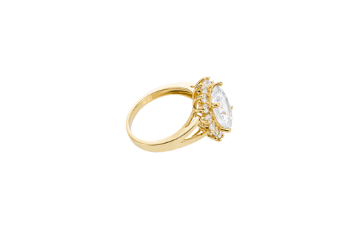 14KT Gold Ring Women's Jumbo Oval White Center with Round White CZ Stones Border Plain Split Band