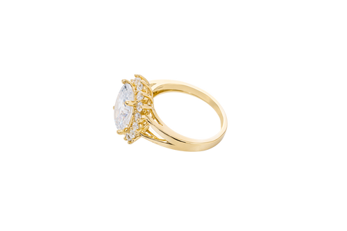 14KT Gold Ring Women's Jumbo Oval White Center with Round White CZ Stones Border Plain Split Band