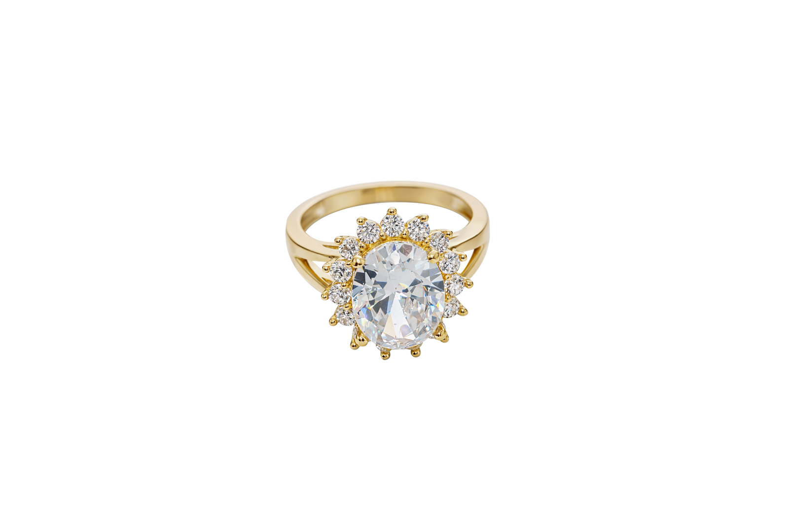 14KT Gold Ring Women's Jumbo Oval White Center with Round White CZ Stones Border Plain Split Band