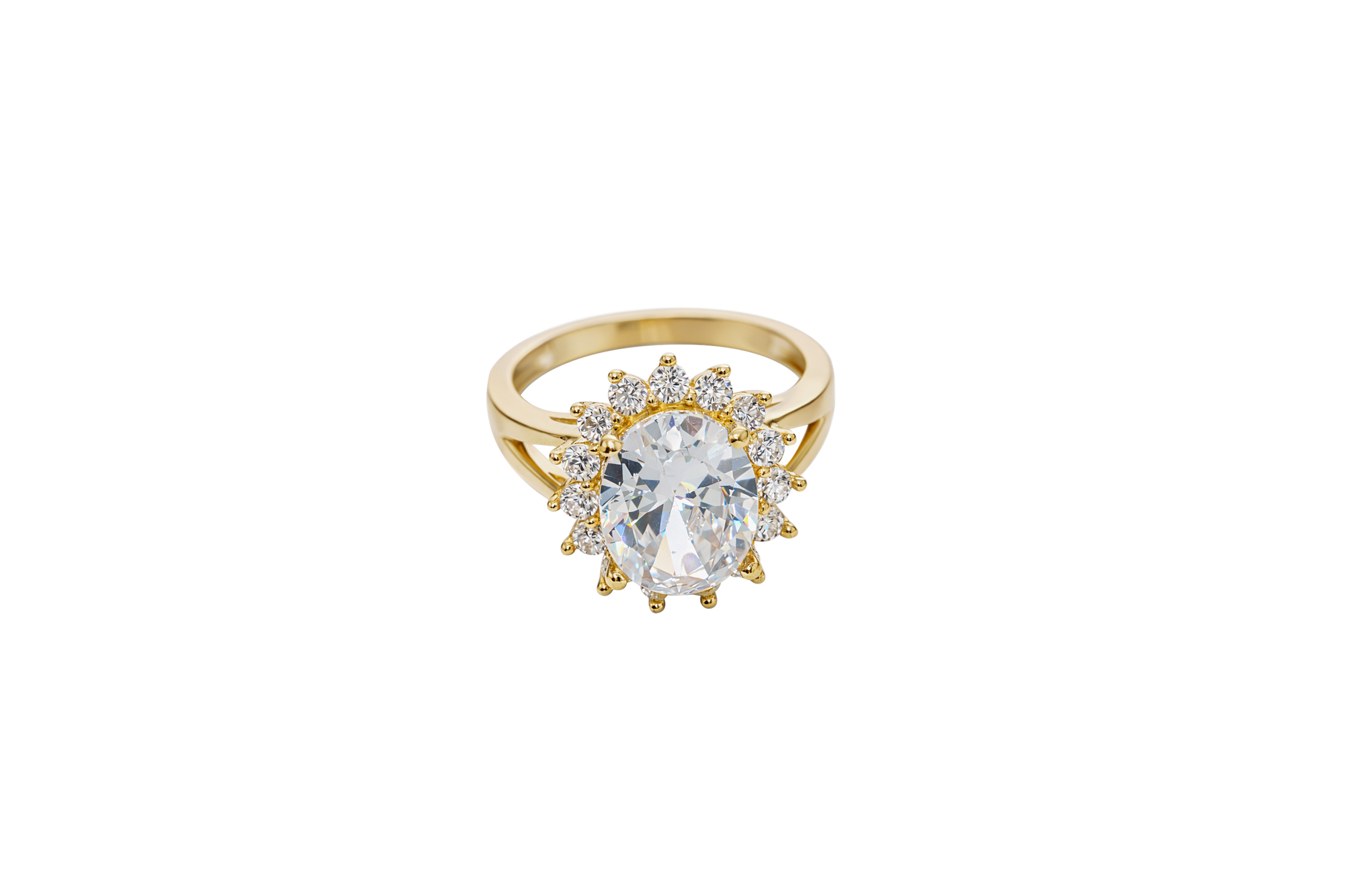 14KT Gold Ring Women's Jumbo Oval White Center with Round White CZ Stones Border Plain Split Band