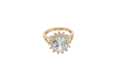 14KT Gold Ring Women's Jumbo Oval White Center with Round White CZ Stones Border Plain Split Band