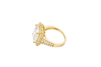 14KT Gold Women's Ring Jumbo Rectangle White Center CZ Stone with Round White CZ Stones Border and Split White CZ Stones Band