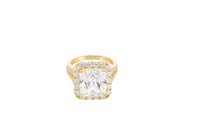 14KT Gold Women's Ring Jumbo Rectangle White Center CZ Stone with Round White CZ Stones Border and Split White CZ Stones Band