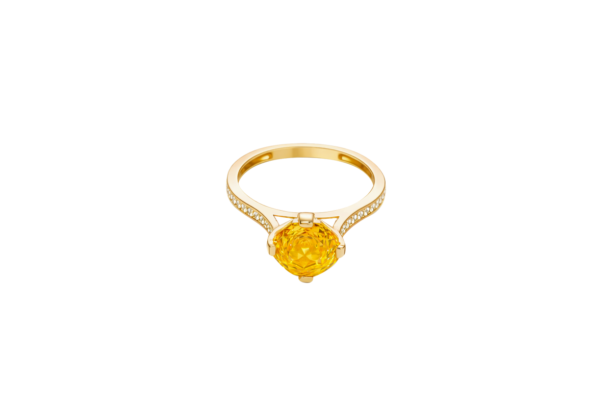 14KT Gold Women's Ring Octagon Rose Mini 4 Prong Amber CZ Center Stone with Round White Pave CZ Stone Band