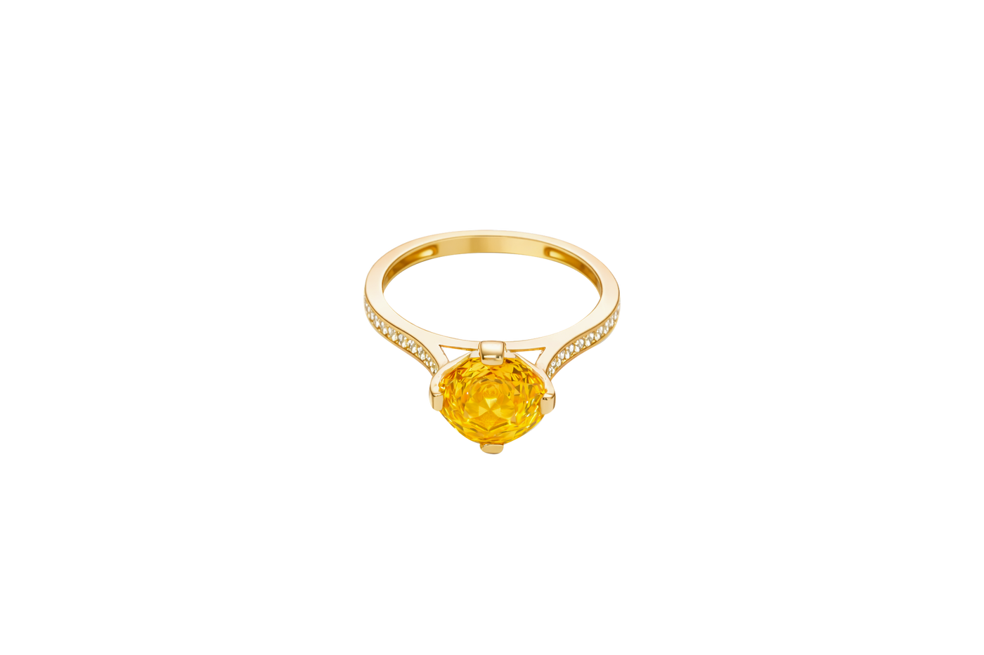 14KT Gold Women's Ring Octagon Rose Mini 4 Prong Amber CZ Center Stone with Round White Pave CZ Stone Band