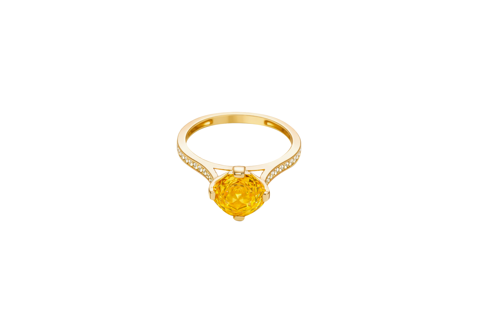 14KT Gold Women's Ring Octagon Rose Mini 4 Prong Amber CZ Center Stone with Round White Pave CZ Stone Band