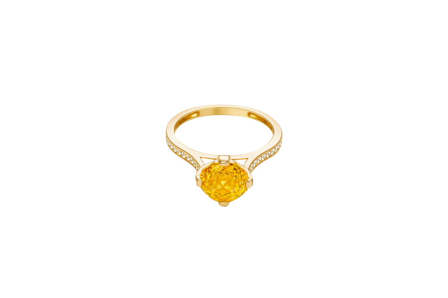 14KT Gold Women's Ring Octagon Rose Mini 4 Prong Amber CZ Center Stone with Round White Pave CZ Stone Band