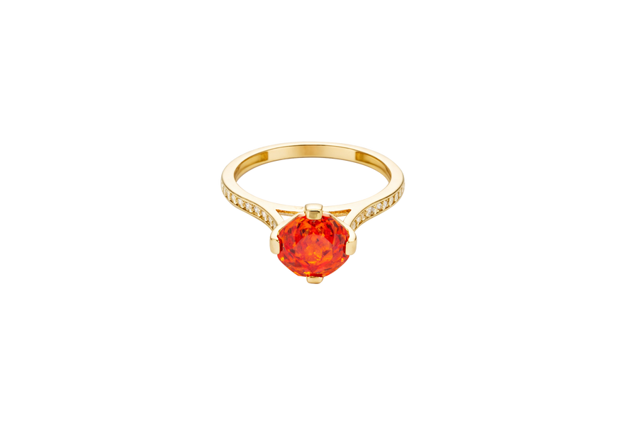 14KT Gold Women's Ring Octagon Rose Mini 4 Prong Burnt Orange CZ Center Stone with Round White Pave CZ Stone Band