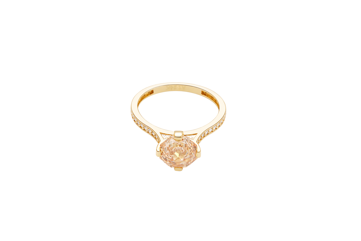 14KT Gold Women's Ring Octagon Rose Mini 4 Prong Champagne CZ Center Stone with Round White Pave CZ Stone Band