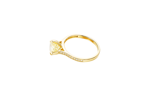14KT Gold Ring Women's Octagon Rose Mini 4 Prong Canary Yellow CZ Center Stone with Round White Pave CZ Stone Band