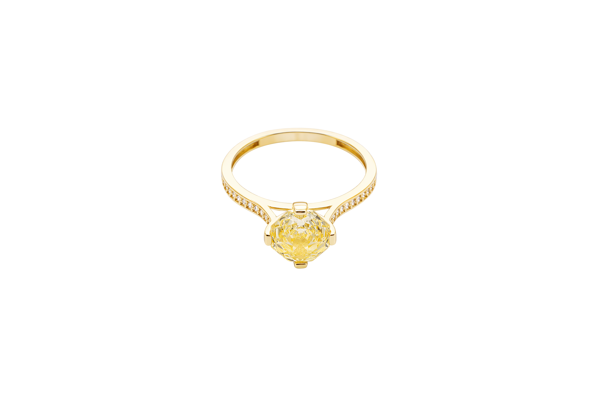 14KT Gold Ring Women's Octagon Rose Mini 4 Prong Canary Yellow CZ Center Stone with Round White Pave CZ Stone Band
