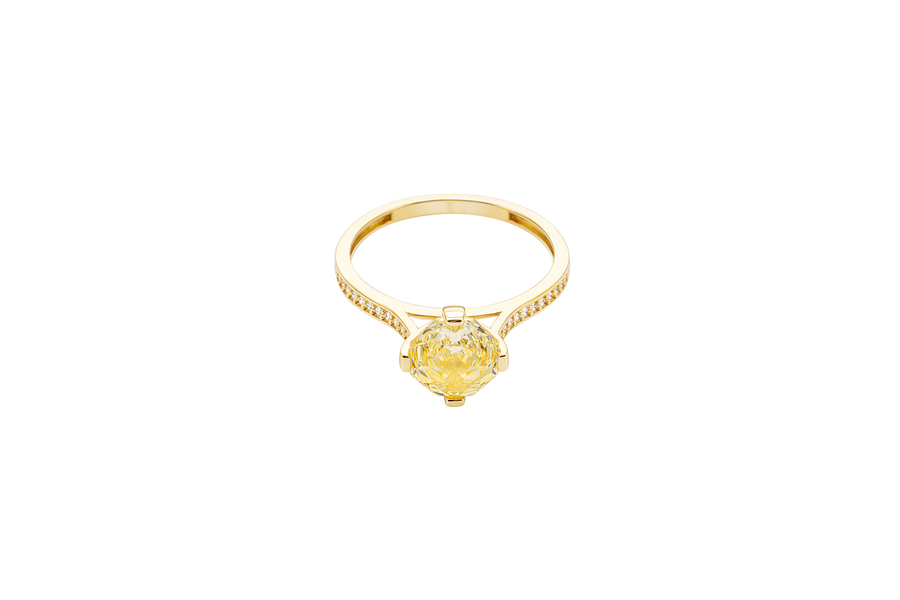 14KT Gold Ring Women's Octagon Rose Mini 4 Prong Canary Yellow CZ Center Stone with Round White Pave CZ Stone Band