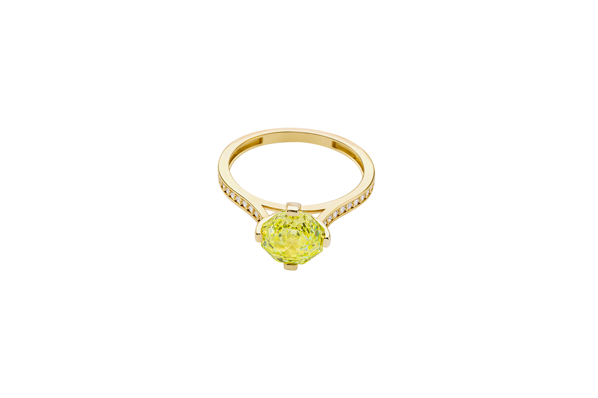 14KT Gold Women's Ring Octagon Rose Mini 4 Prong Lime Green CZ Center Stone with Round White Pave CZ Stone Band