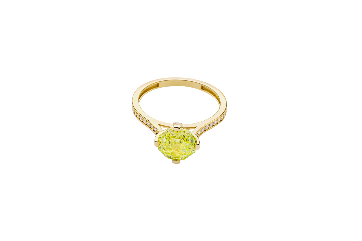 14KT Gold Women's Ring Octagon Rose Mini 4 Prong Lime Green CZ Center Stone with Round White Pave CZ Stone Band