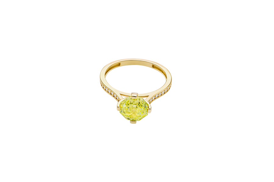 14KT Gold Women's Ring Octagon Rose Mini 4 Prong Lime Green CZ Center Stone with Round White Pave CZ Stone Band